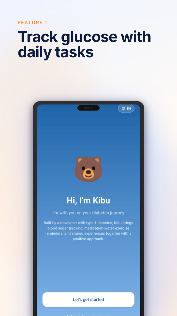 Kibu onboarding screen with the bear mascot greeting the user