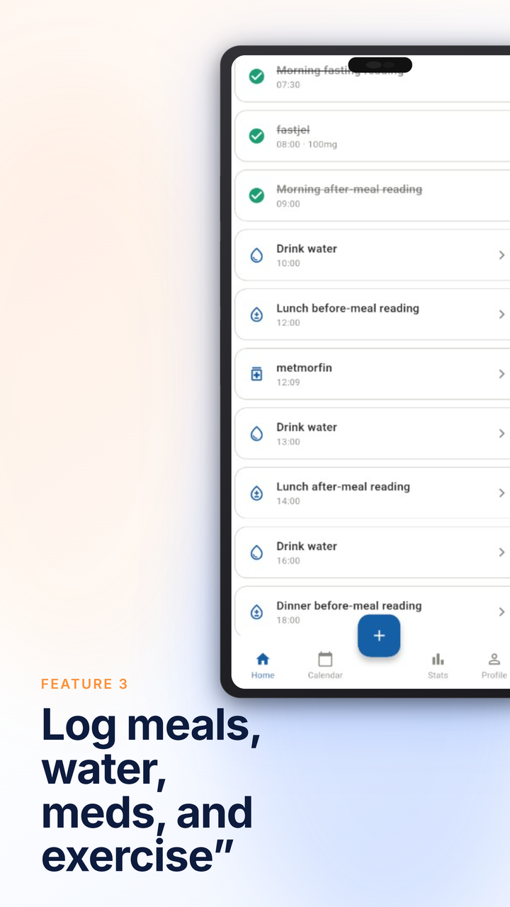 Daily tasks screen listing fasting readings, water and medication