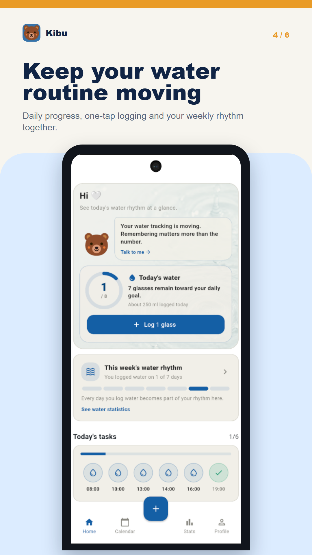 Kibu water tracking with daily progress and weekly overview